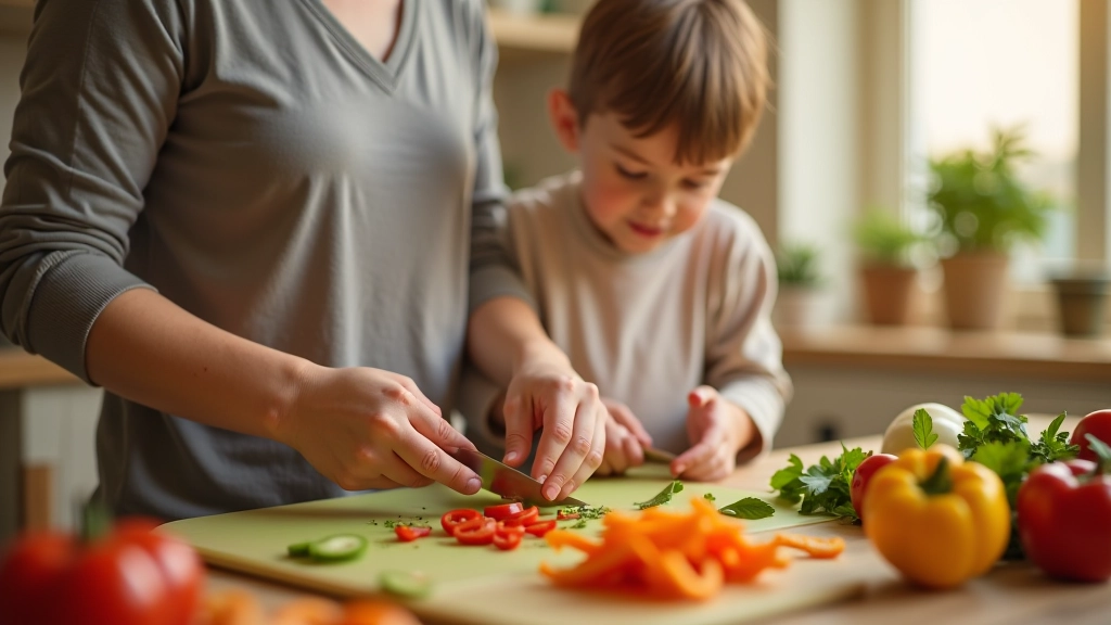 Criança de mãos dadas com adulto a cortar vegetais na cozinha, com vários ingredientes preparados à frente