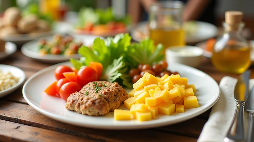 Refeição equilibrada com frutas, vegetais e proteína