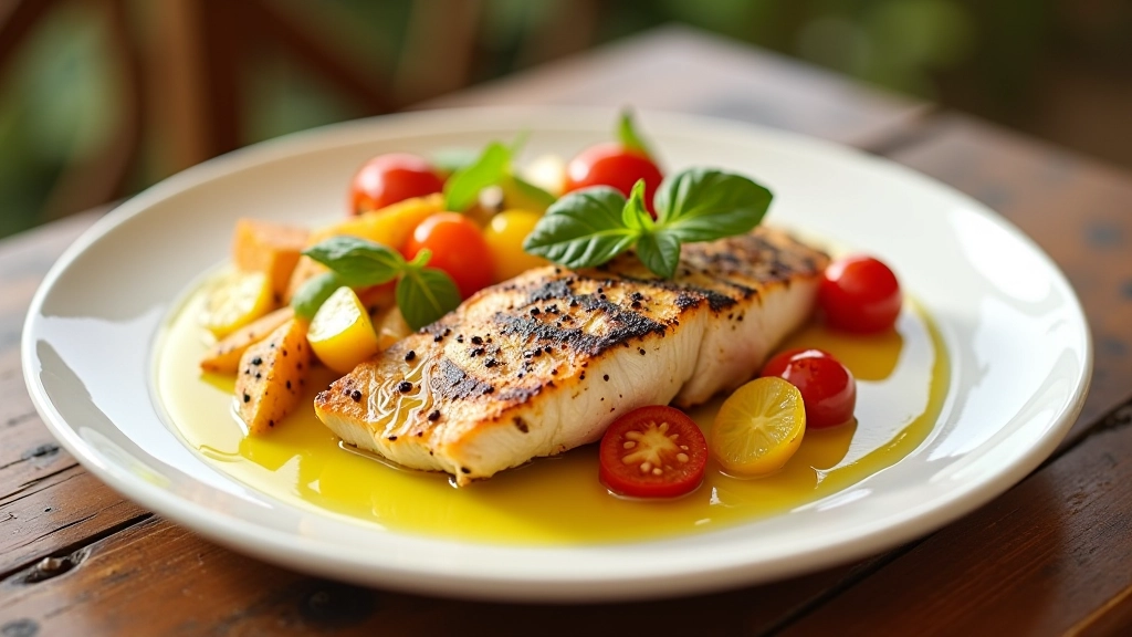 Prato de refeição equilibrada com peixe grelhado, legumes coloridos e azeite português