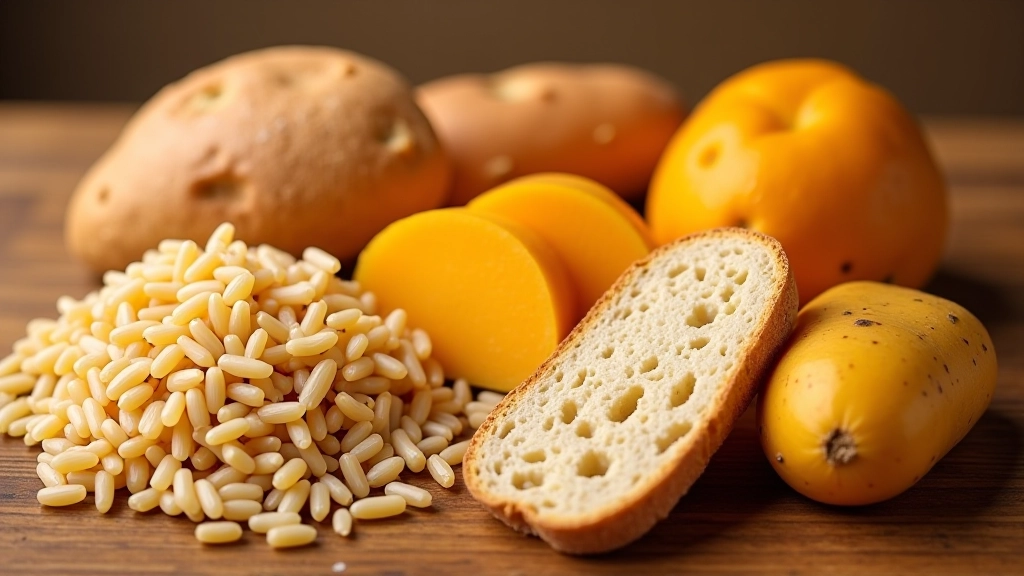 Seleção de hidratos de carbono saudáveis: pão integral, arroz integral, batata-doce cozida, macarrão