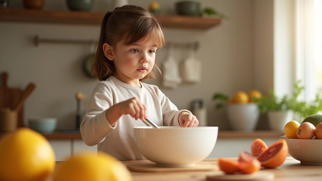 Criança pequena a ajudar na cozinha, sorrindo enquanto mistura ingredientes numa tigela de vidro