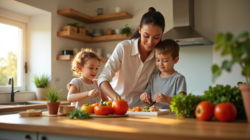 Família portuguesa na cozinha preparando refeição equilibrada com vegetais frescos e azeite