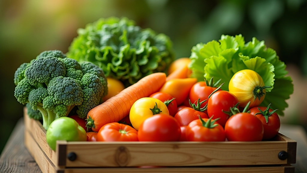 Variedade de vegetais coloridos da época: abóbora, cenoura, brócolis, tomate, alface num cesto de feira