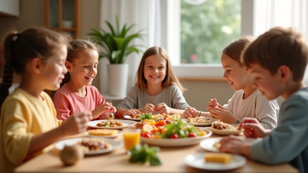 Várias crianças em roda a comer juntas numa mesa colorida, comida saudável no prato