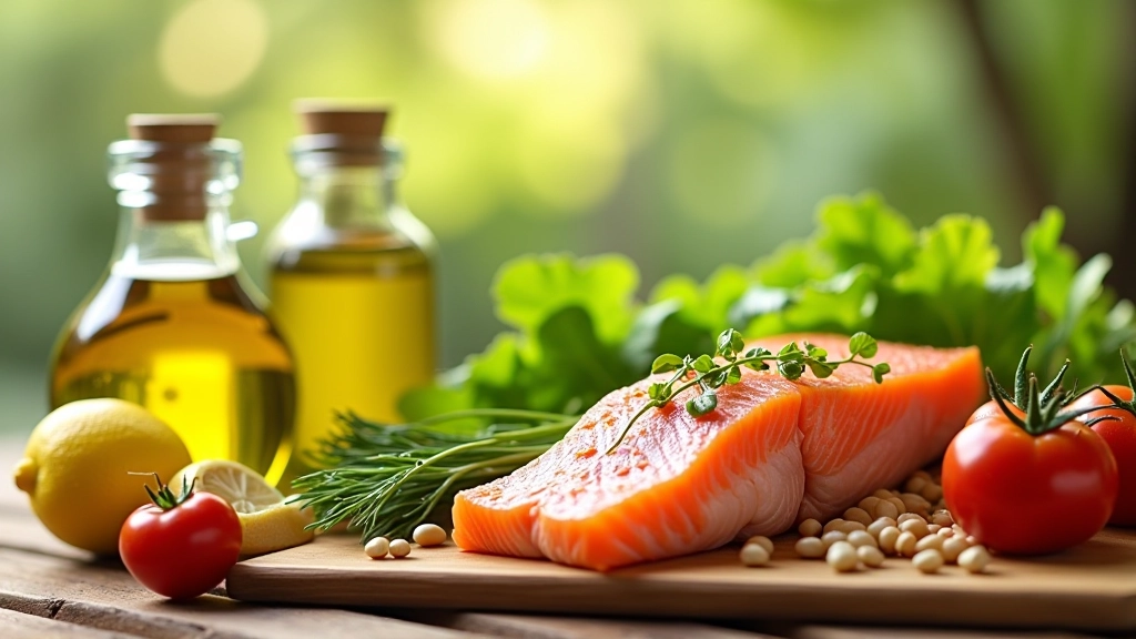 Alimentos típicos da dieta mediterrânica portuguesa: azeite, vegetais frescos, peixe e leguminosas