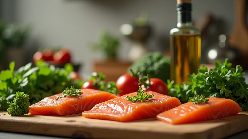 Ingredientes organizados na cozinha — verduras, peixe fresco, azeite, especiarias e ervas aromáticas prontas para cozinhar