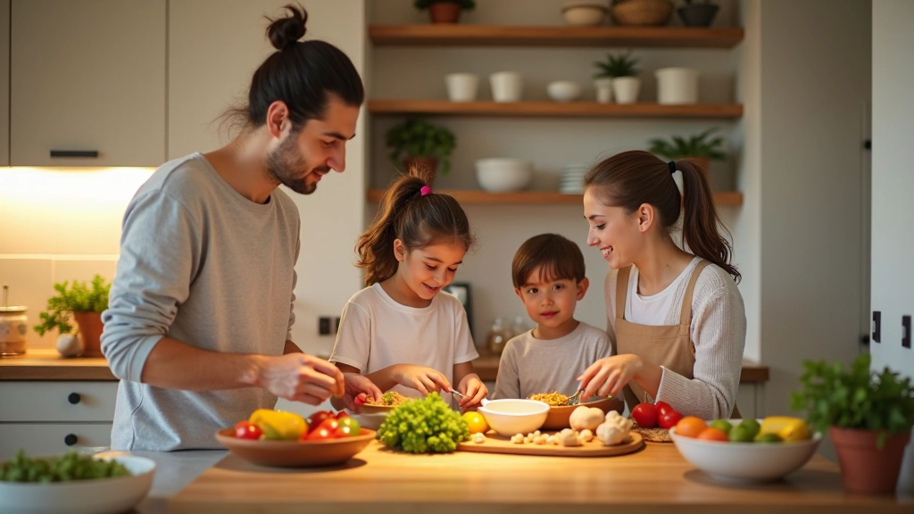Família portuguesa na cozinha preparando refeição juntos, crianças e adultos