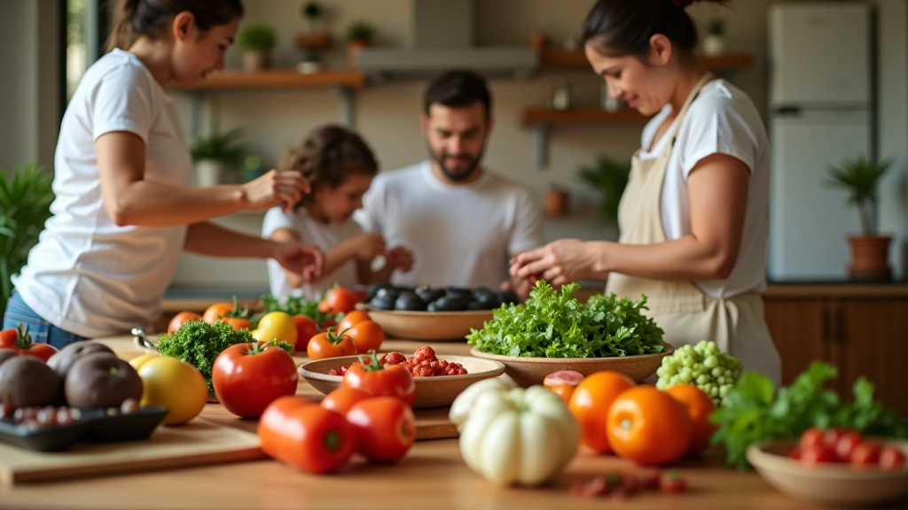 Família portuguesa a preparar uma refeição saudável na cozinha, com ingredientes frescos e coloridos sobre a mesa de madeira