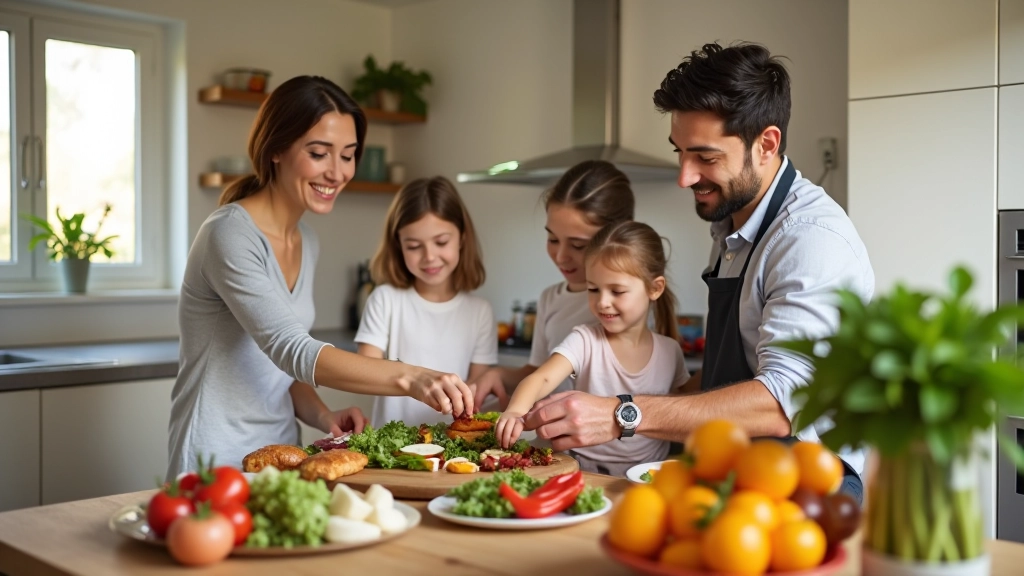 Família a preparar refeição saudável na cozinha
