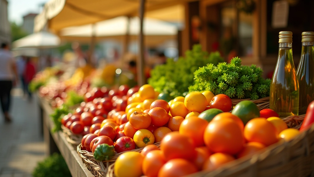 Mercado com vegetais sazonais portugueses, frutas frescas e produtos locais expostos