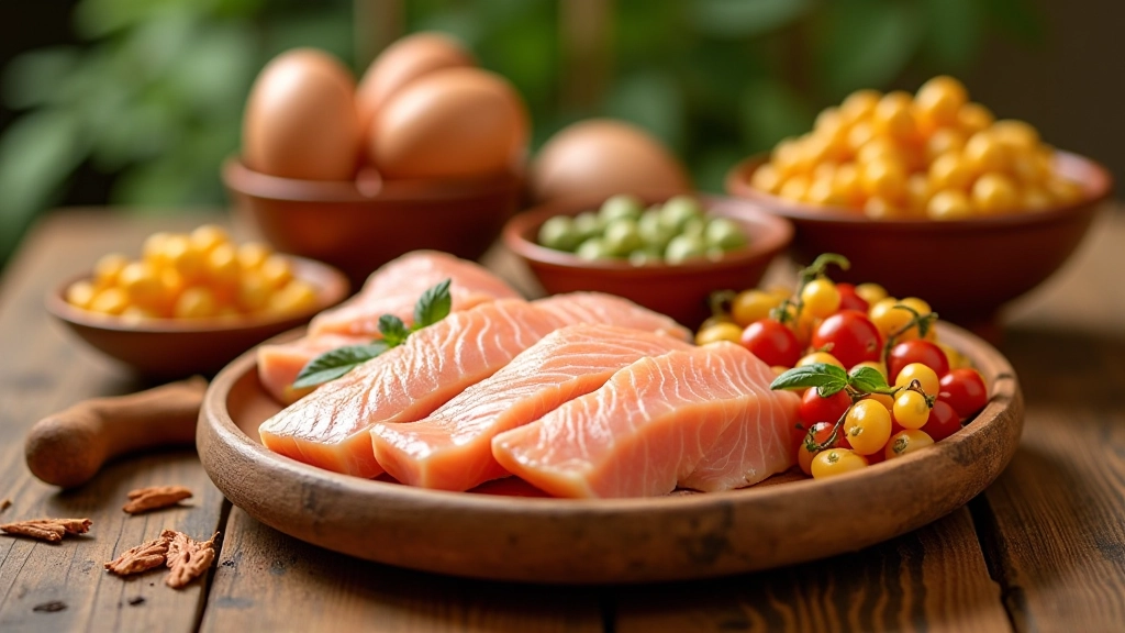 Seleção de fontes de proteína: peixe fresco, frango, ovos, leguminosas em taças de barro português