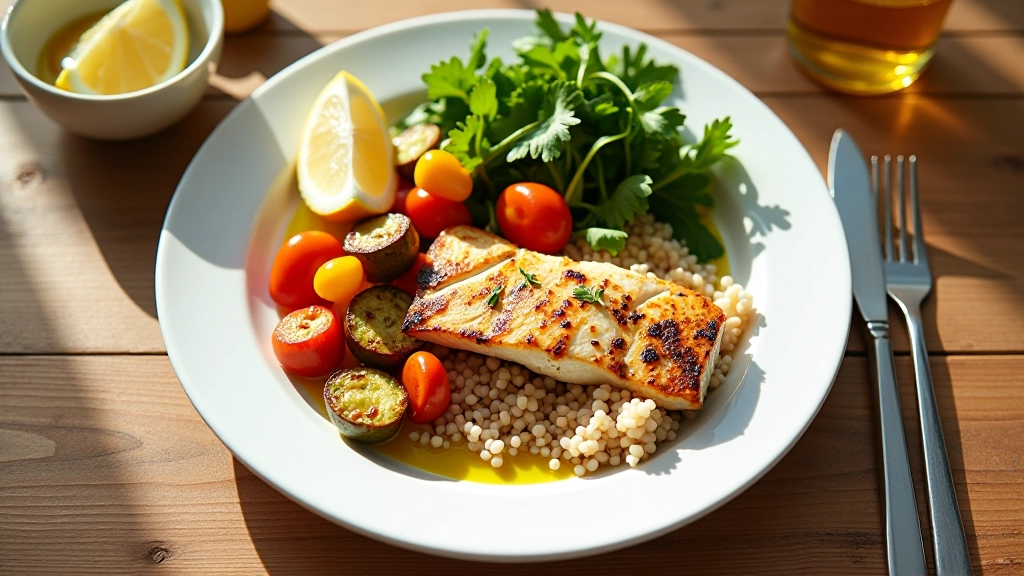 Prato completo com peixe grelhado, vegetais variados e arroz integral bem apresentado