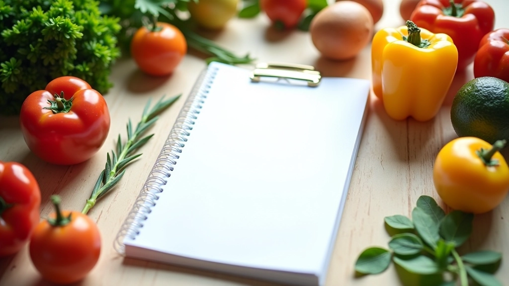 Plano semanal com refeições escritas num caderno ao lado de vegetais frescos na cozinha