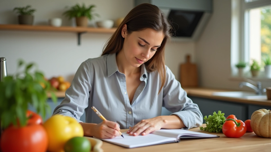 Mulher a escrever o plano semanal de refeições numa cozinha moderna, com ingredientes frescos sobre a bancada