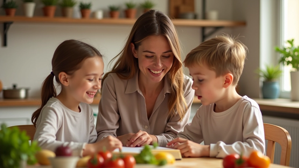 Dois filhos e mãe na cozinha a ler uma receita juntos, com livro de receitas aberto na mesa
