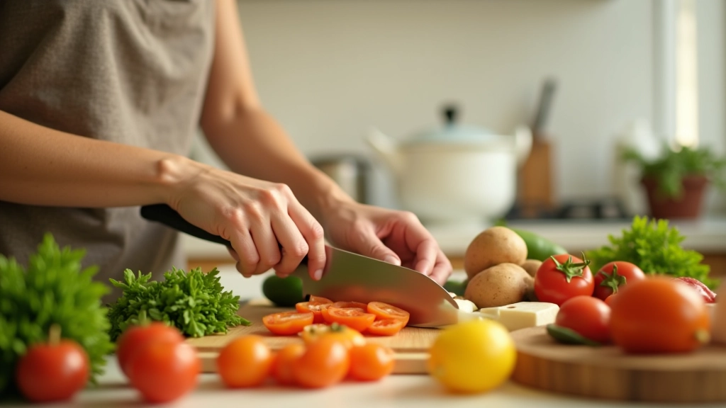 Preparação de refeição saudável com vegetais frescos na cozinha, cortando alimentos